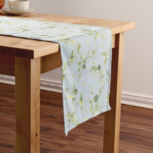 Soft Blue Gray Mini Watermelon Botanical Short Table Runner (In Situ)