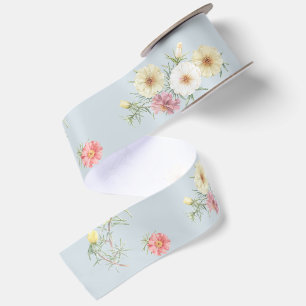Soft Blue Gray Moss Rose Watercolor Floral Satin Ribbon