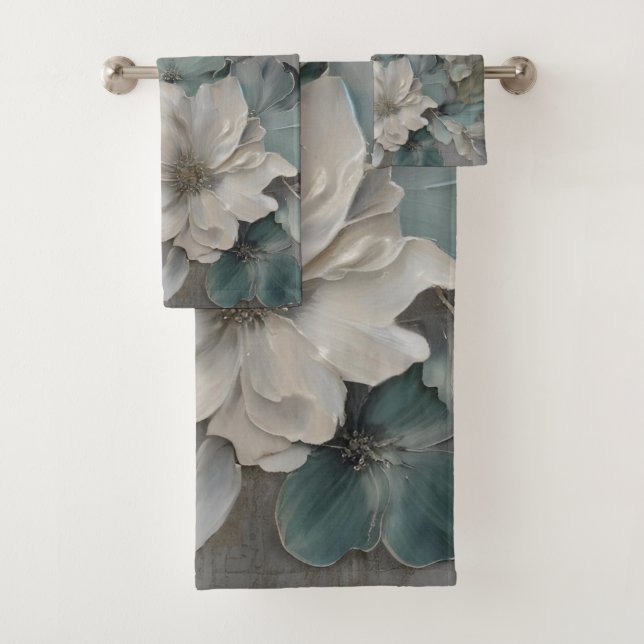 Soft Blue Gray Sage Farmhouse Floral Bath Towel Set (Insitu)
