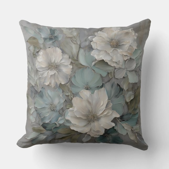 Soft Blue Gray Sage Farmhouse Floral Throw Pillow (Front)