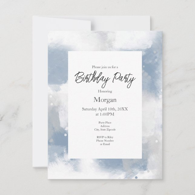 Soft Blue Gray & White Abstract Brushstrokes   Invitation (Front)