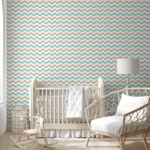 Soft Blue Green and Gold Zigzag Line Patterns Wallpaper