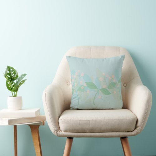 Soft Blue  Green Leaves  Pink Berries  Throw Pillow