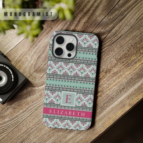 Soft Blue Green Pink White Aztec Pattern iPhone 15 Pro Max Case