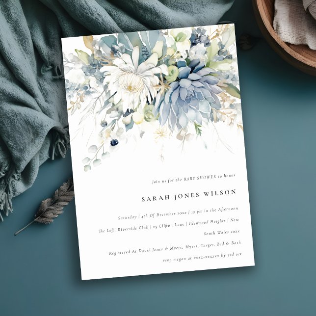 Soft Blue Green Succulent Floral Baby Shower Invitation (Creator Uploaded)