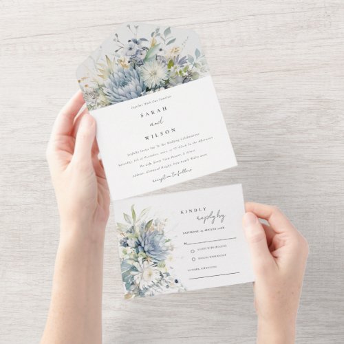 Soft Blue Green Succulent Floral Botanical Wedding All In One Invitation