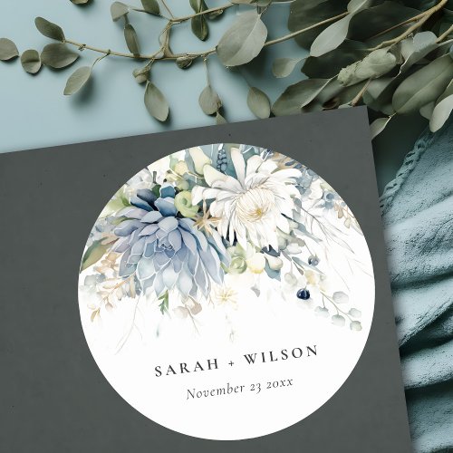 Soft Blue Green Succulent Floral Botanical Wedding Classic Round Sticker