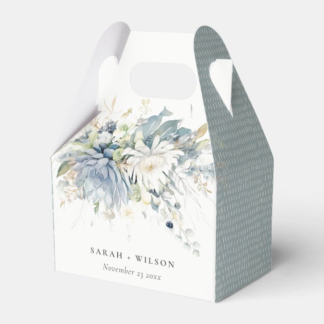 Soft Blue Green Succulent Floral Botanical Wedding Favor Boxes (Front Side)