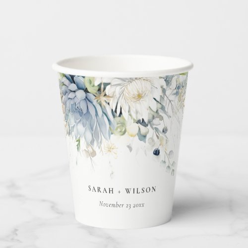 Soft Blue Green Succulent Floral Botanical Wedding Paper Cups