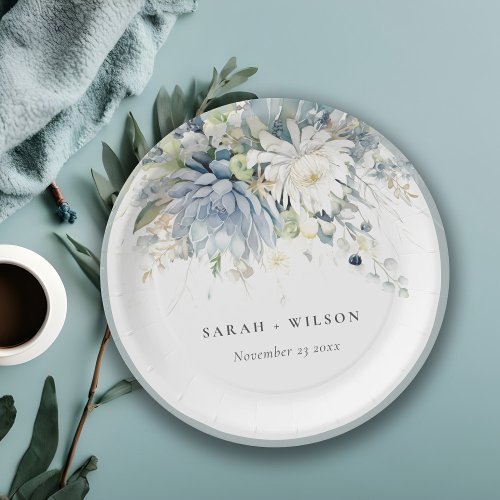 Soft Blue Green Succulent Floral Botanical Wedding Paper Plates