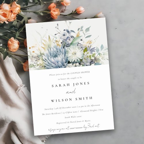 Soft Blue Green Succulent Floral Couples Shower Invitation