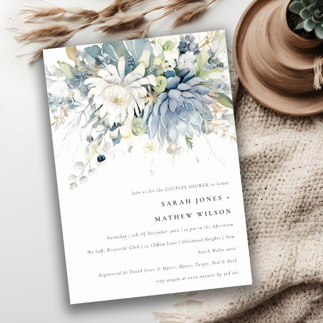 Soft Blue Green Succulent Floral Couples Shower Invitation (Creator Uploaded)