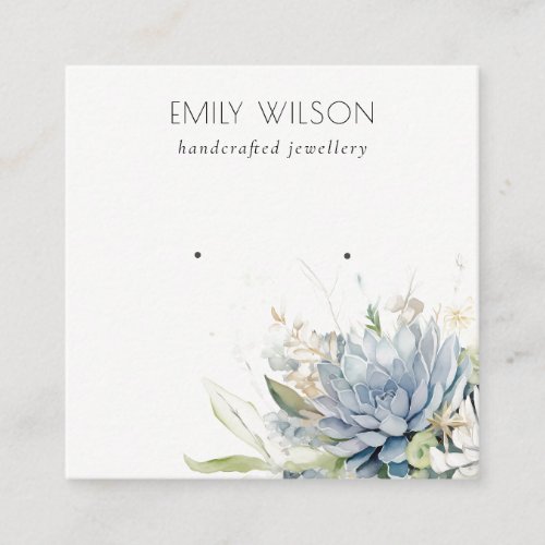 Soft Blue Green Succulent Floral Earring Display Square Business Card