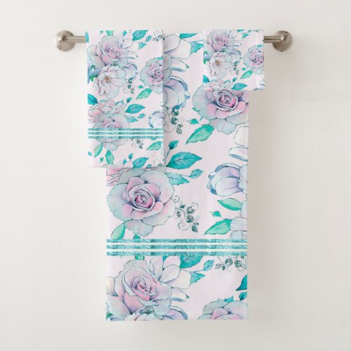 Soft blue_green vintage roses pattern bath towel set