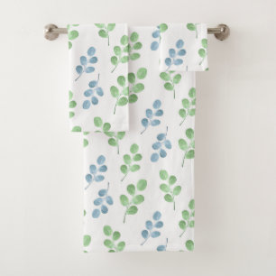 Soft Blue Green Watercolor Round Leaves Pattern Bath Towel Set
