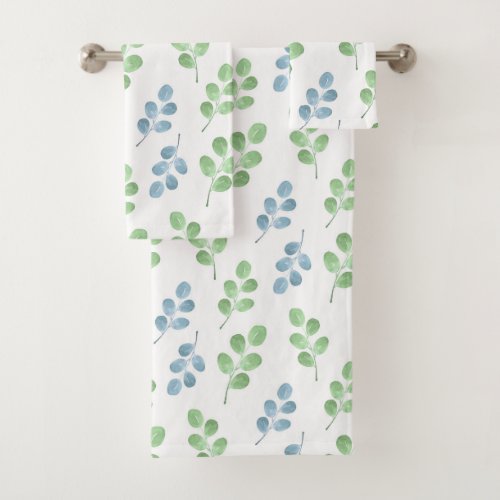 Soft  Blue Green Watercolor Round Leaves Pattern  Bath Towel Set