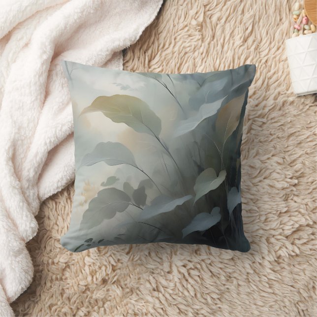 Soft Blue Grey Misty Forest Leaves Throw Pillow (Blanket)