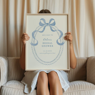 Soft Blue Hand Drawn Bow Bridal Shower Welcome Poster