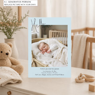 Soft Blue Hello Baby Photo Birth Announcement
