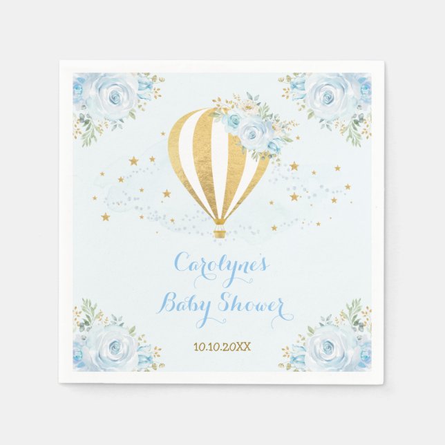 Soft Blue Hot Air Balloon Adventure Baby Shower Napkins (Front)