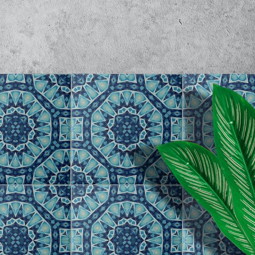 Soft Blue Indigo Kaleidoscope Geometric Pattern Ceramic Tile