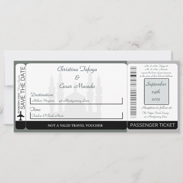 Soft Blue Islami  Boarding Pass Wedding Invitation (Front)