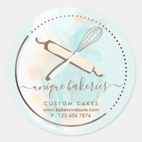 Soft Blue Ivory Whisk Rolling Pin Bakery Pastries Classic Round Sticker