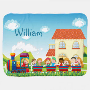 Soft Blue Kids on Train Baby Boy Add Change Name Blanket