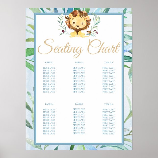 Soft Blue Lion Cub Boy's Baby Shower Seating Chart (Front)