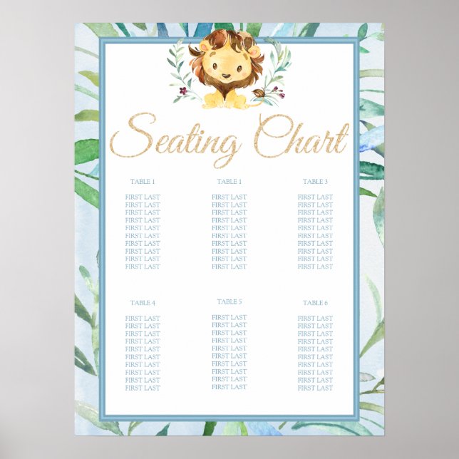 Soft Blue Lion Cub Boy's Baby Shower Seating Chart (Front)