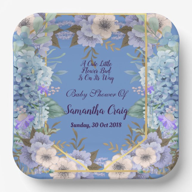 Soft Blue Little Flower Bud Hydrangea Baby Shower Paper Plates (Front)