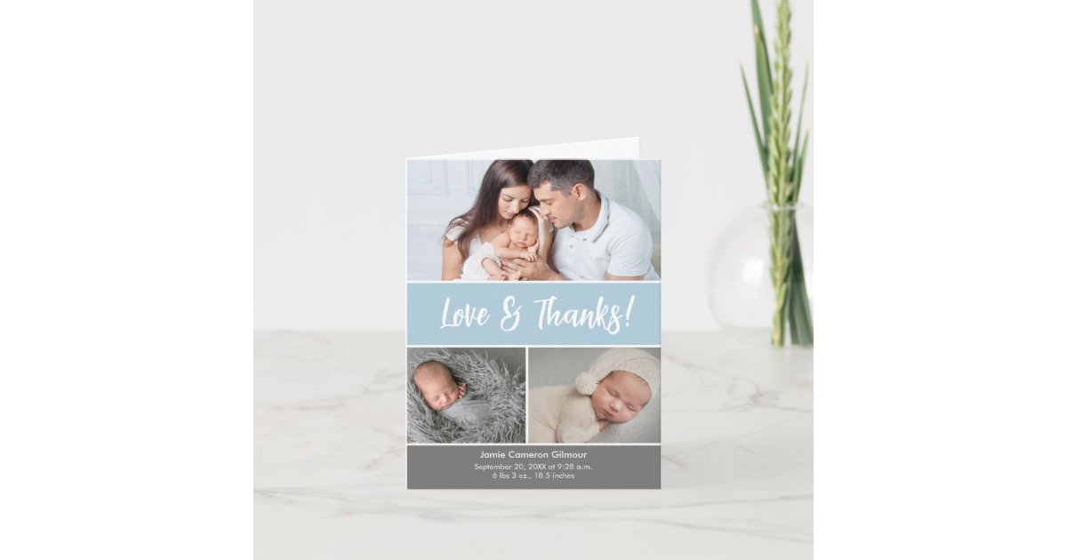 Soft blue Love & Thanks Photo Collage Baby Shower Thank You Card | Zazzle