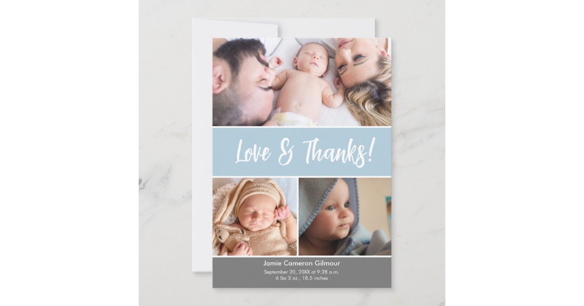 Soft blue Love & Thanks Photo Collage Baby Shower Thank You Card | Zazzle