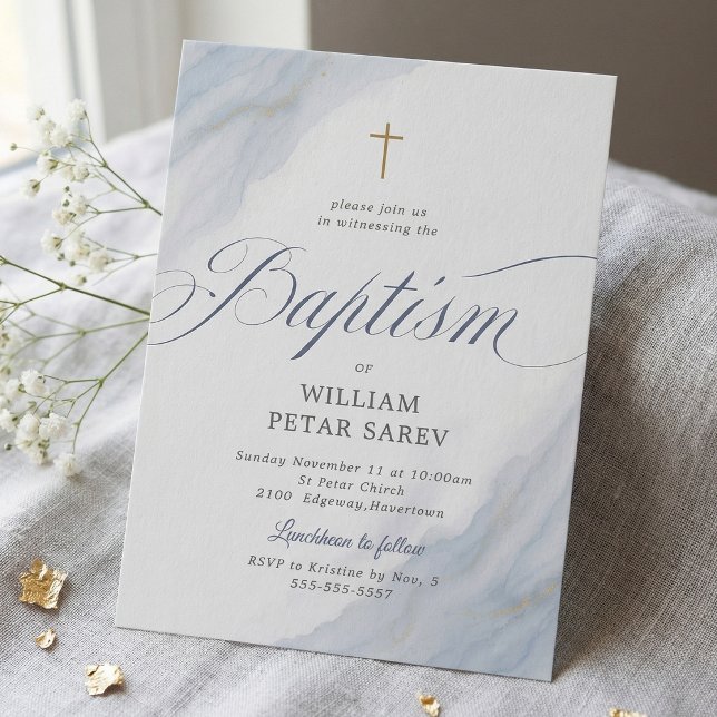 Soft Blue Marble Cross Baptism  Invitation (Blue Marble Baptism Invitation with Gold Cross and Elegant Script)