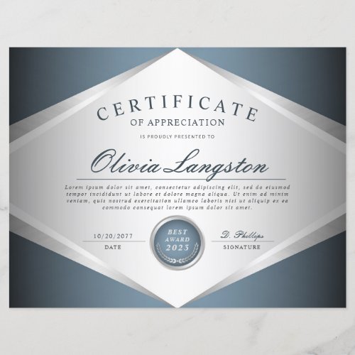 Soft Blue Metallic Silver Certificate Award