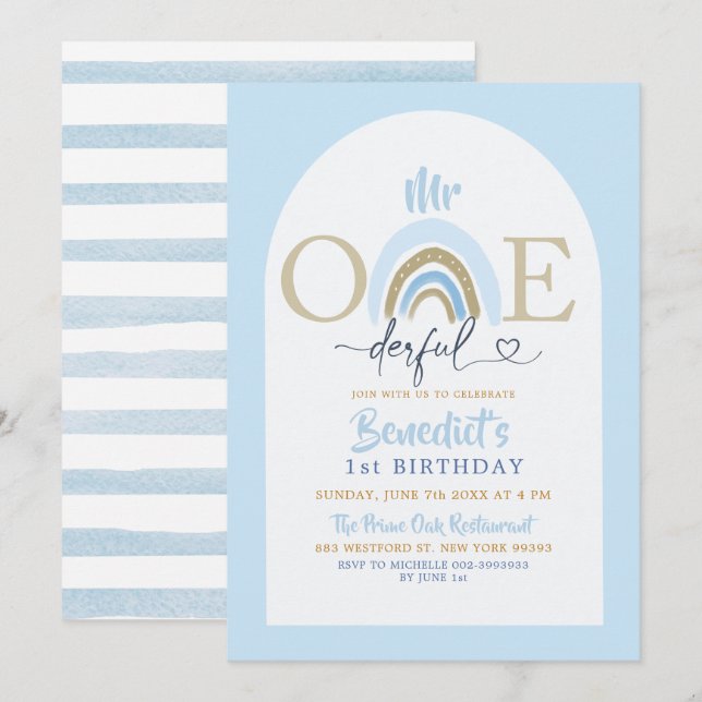 Soft Blue Minimalist Mr Onederful Boy's Birthday Invitation (Front/Back)