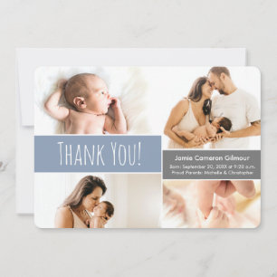 Soft Blue Modern Baby boy Photo Collage Thank You Card