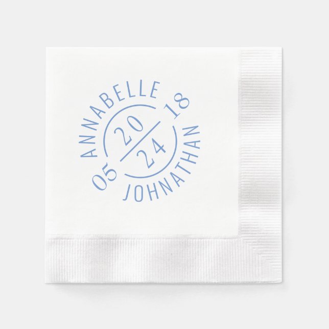 Soft Blue Modern Wedding Badge Names and Date Napkins (Front)