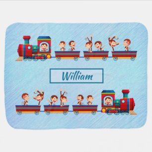 Soft Blue Monkey Train Baby Boy Add Change Name Blanket