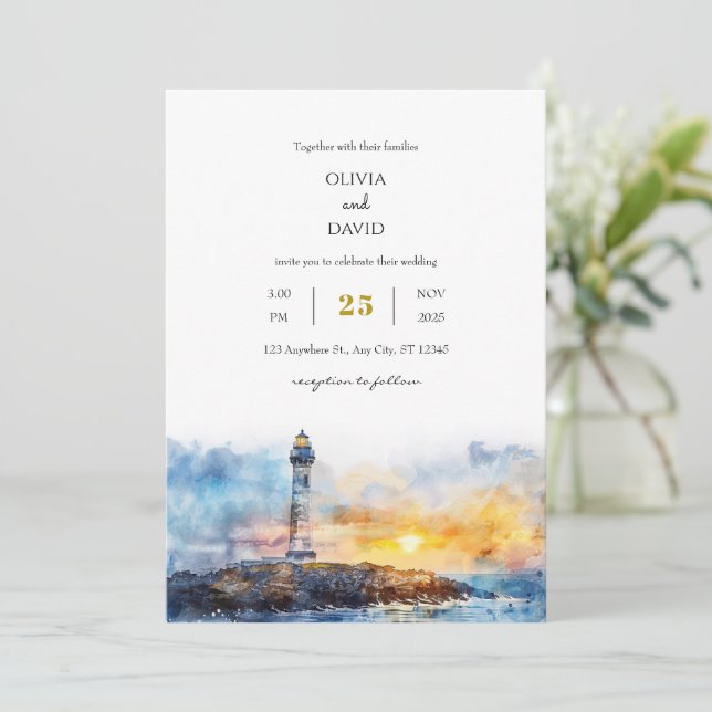 Soft Blue Nautical Sunset Lighthouse Beach Wedding Invitation (Standing Front)