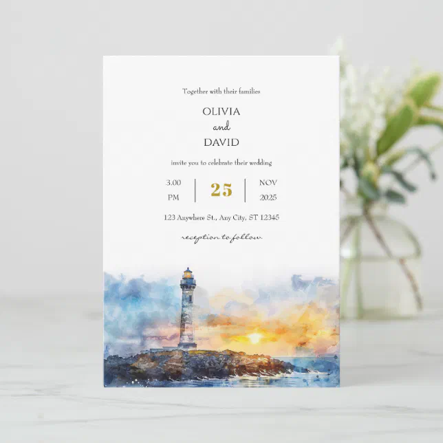 Soft Blue Nautical Sunset Lighthouse Beach Wedding Invitation | Zazzle