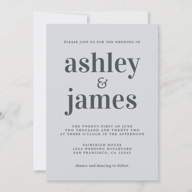 Soft Blue Off-Black Typography Wedding Invitation (Front)