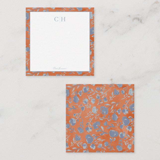 Soft Blue & Orange Abstract Floral Flat Note Card (Front/Back)