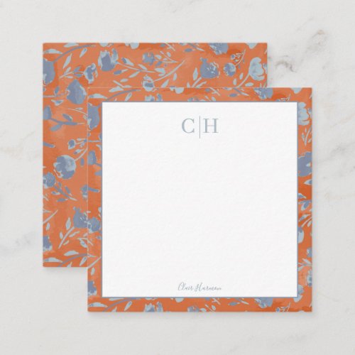 Soft Blue  Orange Abstract Floral Flat Note Card