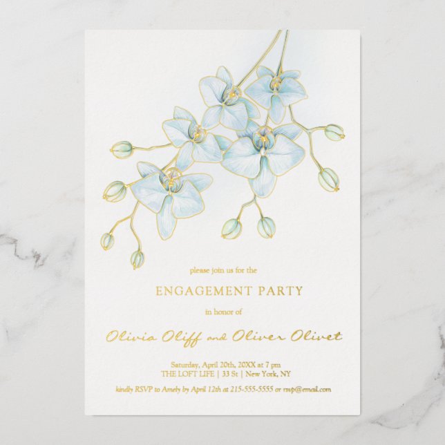 Soft Blue Orchid Engagement Party Invitation Foil Invitation (Front)