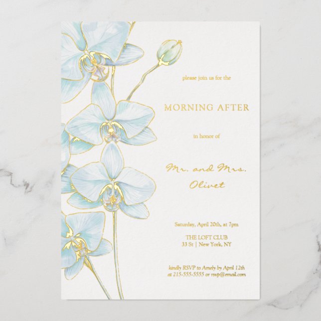 Soft Blue Orchid Morning After  Foil Invitation (Front)