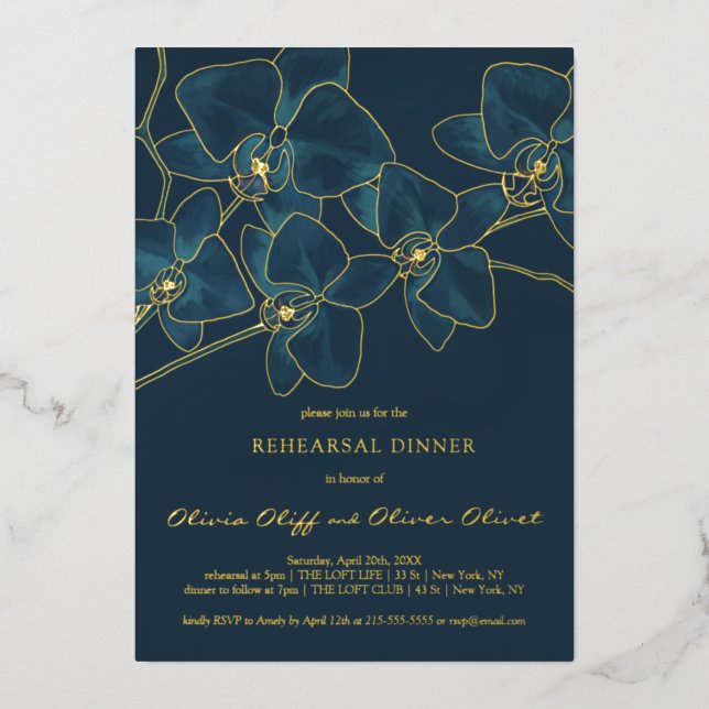 Soft Blue Orchid Rehearsal Dinner Foil Invitation (Front)
