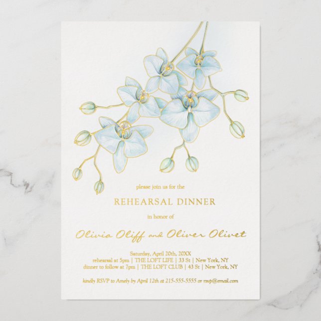 Soft Blue Orchid Rehearsal Dinner Foil Invitation (Front)