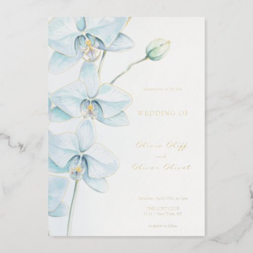 Soft Blue Orchid Wedding Foil Invitation