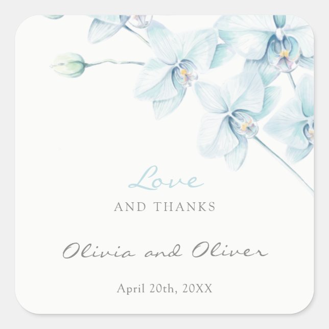 Soft Blue Orchid Wedding Love and Thanks Square Sticker (Front)